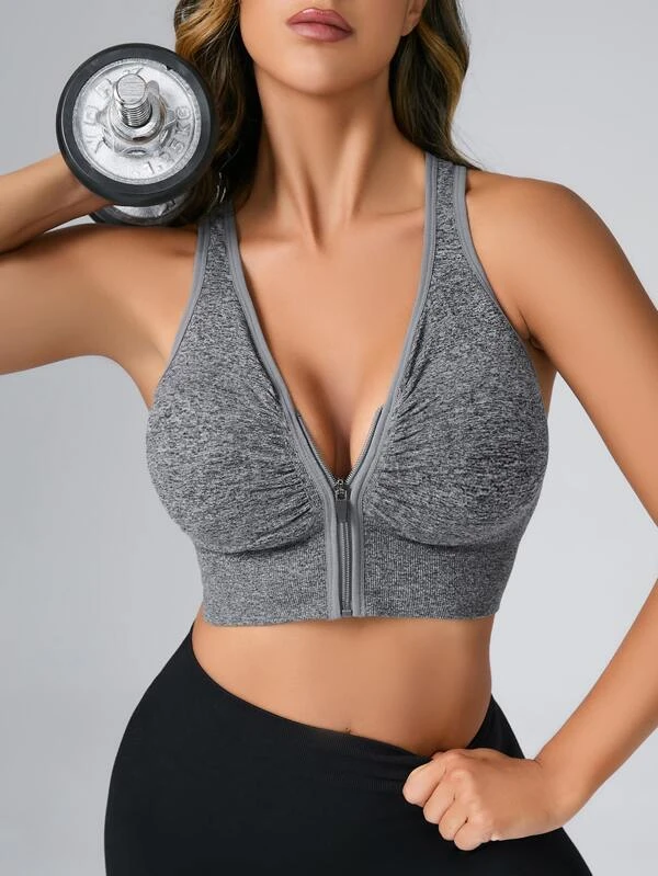 Cut Out Back Ruched Zip Up Sports Bra