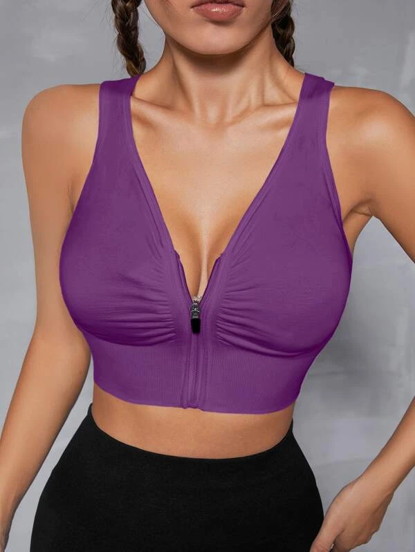 Cut Out Back Ruched Zip Up Sports Bra