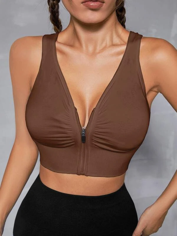 Cut Out Back Ruched Zip Up Sports Bra