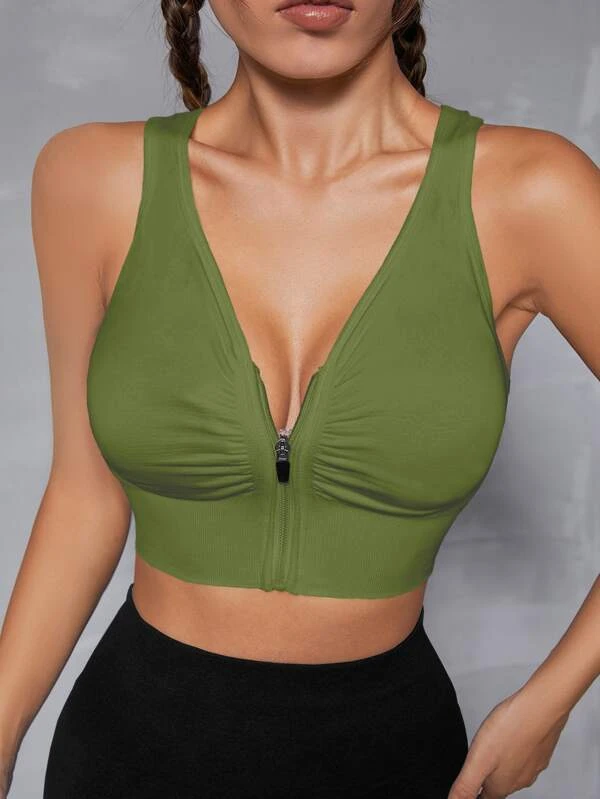 Cut Out Back Ruched Zip Up Sports Bra