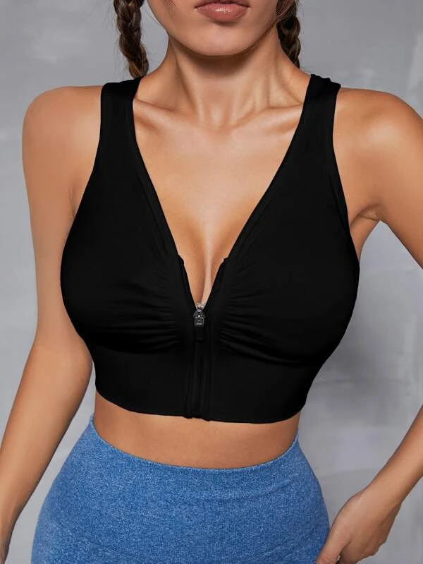 Cut Out Back Ruched Zip Up Sports Bra