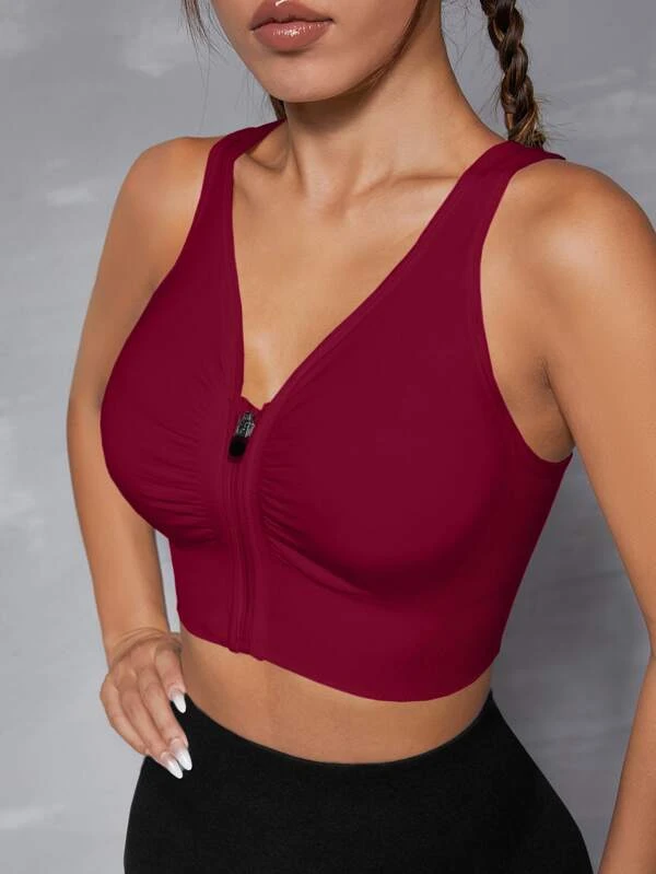 Cut Out Back Ruched Zip Up Sports Bra