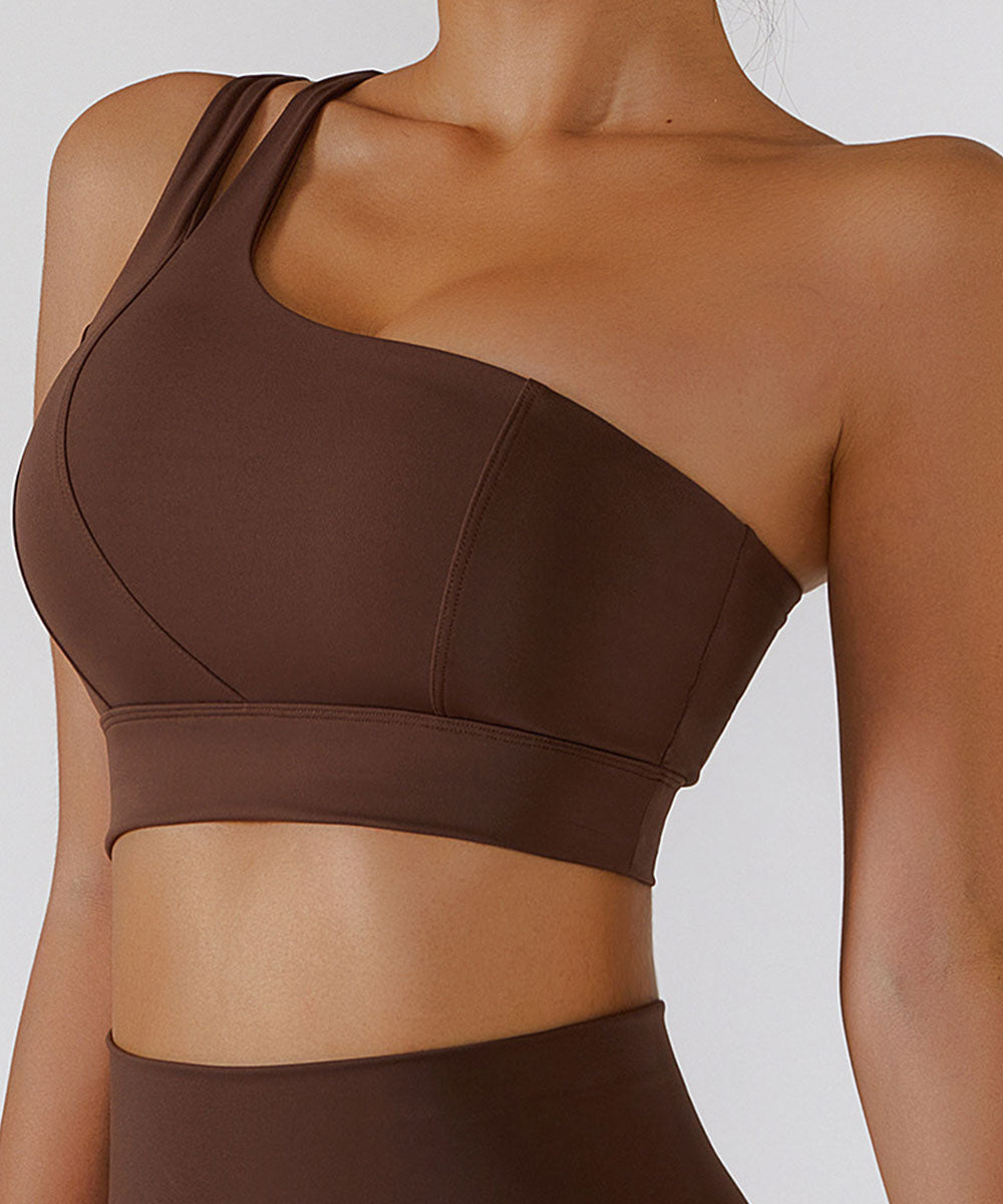 Solid Color One Shoulder Seamed Bra