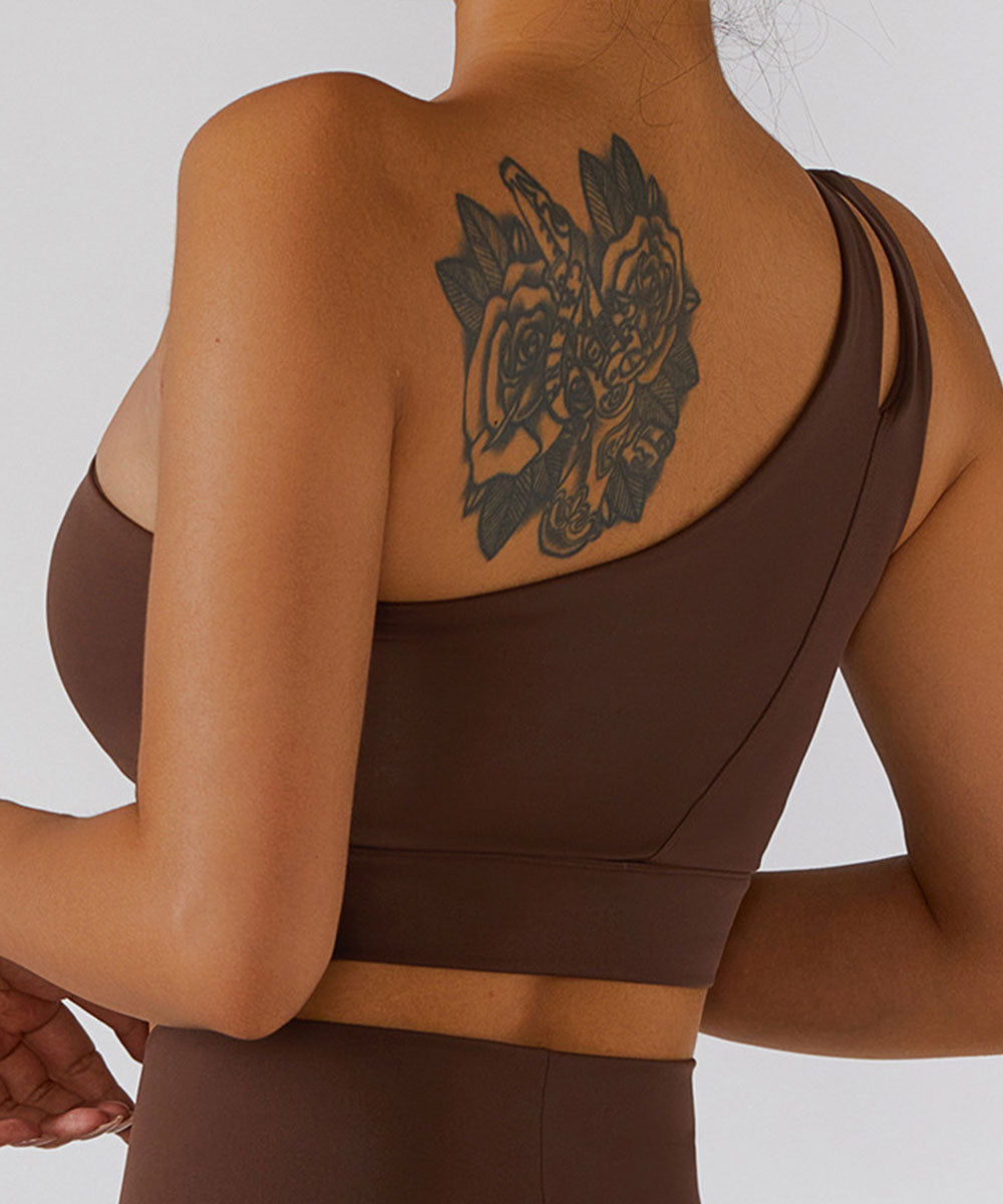 Solid Color One Shoulder Seamed Bra