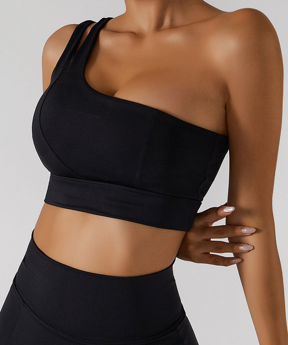 Solid Color One Shoulder Seamed Bra
