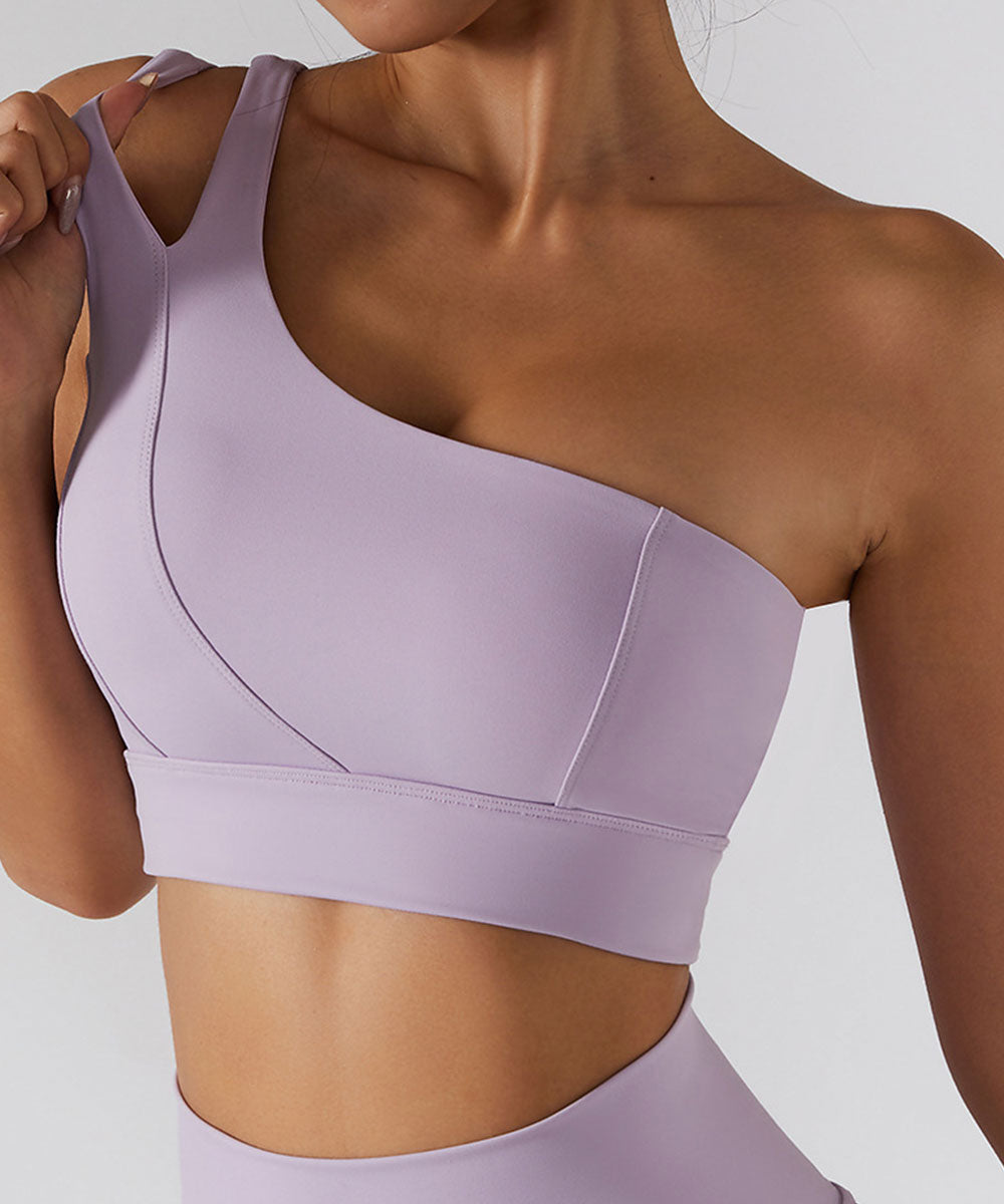 Solid Color One Shoulder Seamed Bra