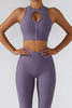 Ribbed Keyhole Zip Crop Tops Buit-in Bra